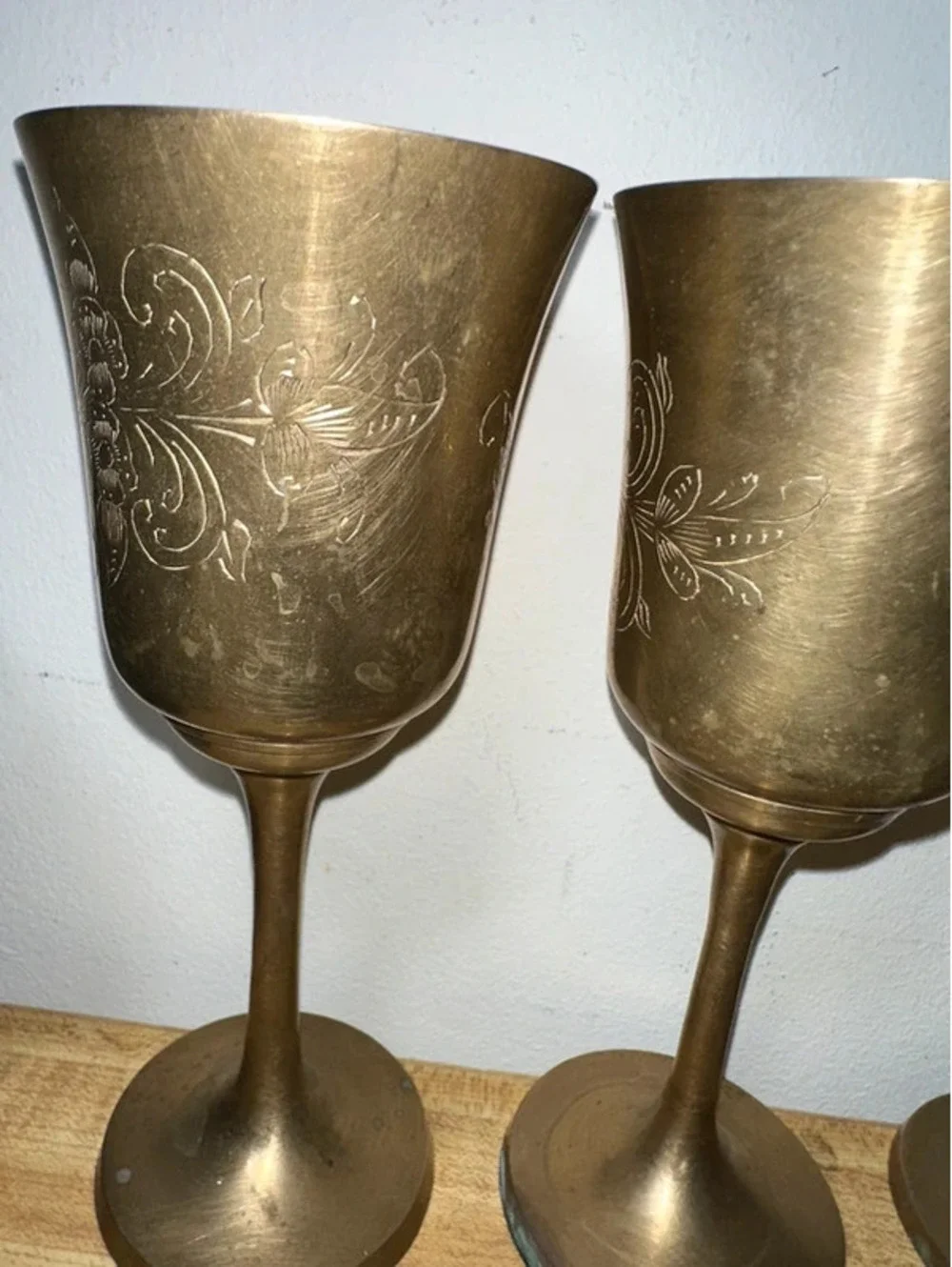 Vintage Etched Brass Wine Goblets/Chalices Set of 4